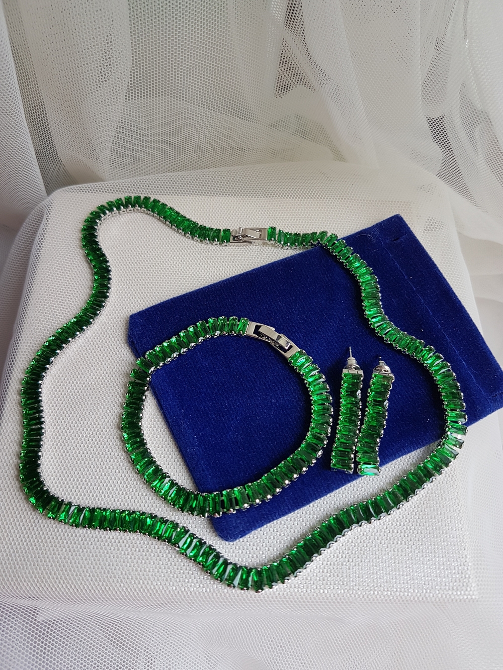 Swarovski Elements Silver Emerald Green Emerald-cut Baguette Tennis Necklace NEW - Picture 13 of 17